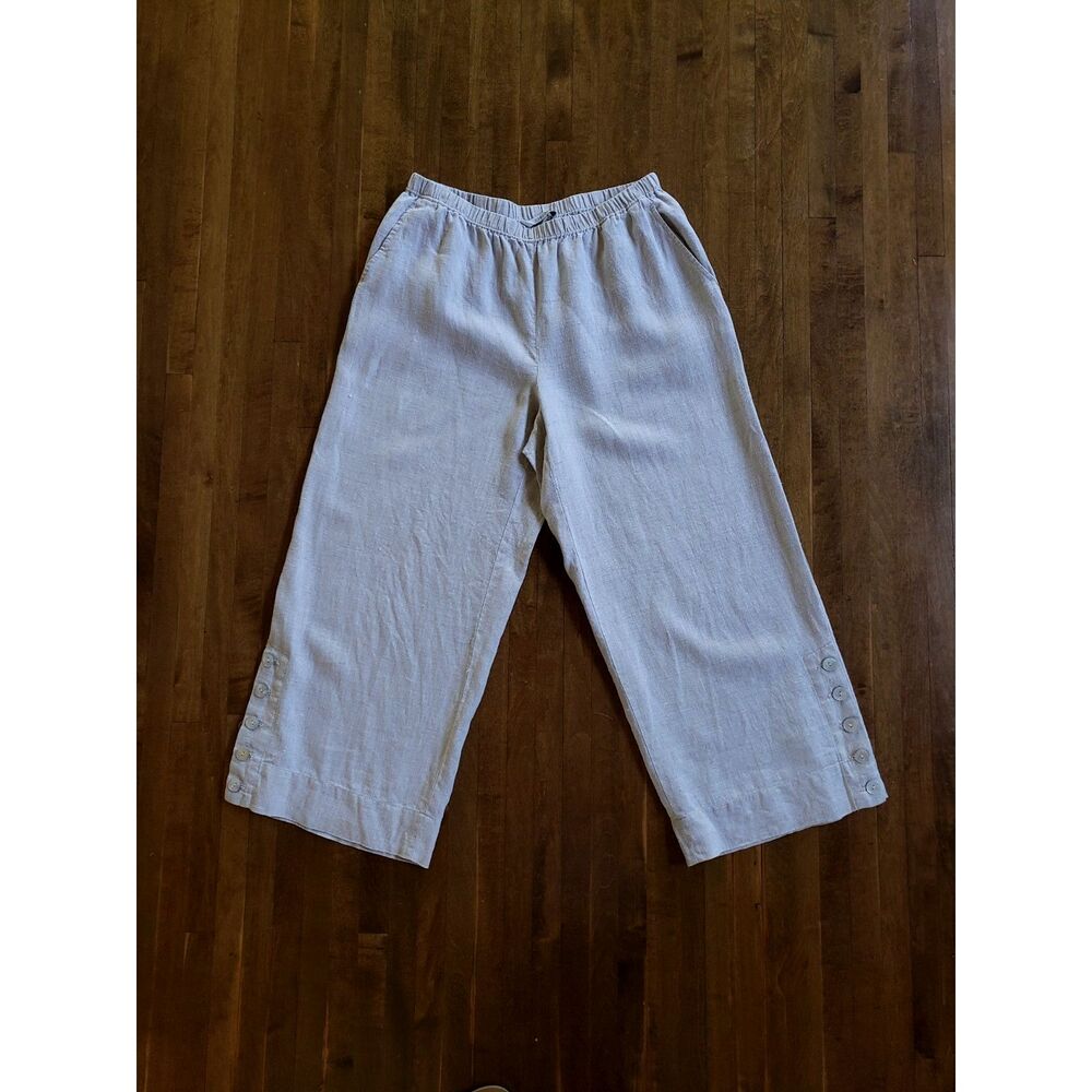 John Mark Wide Leg Linen Capri Pants M Oatmeal Pull On Mother Of Pearl Buttons